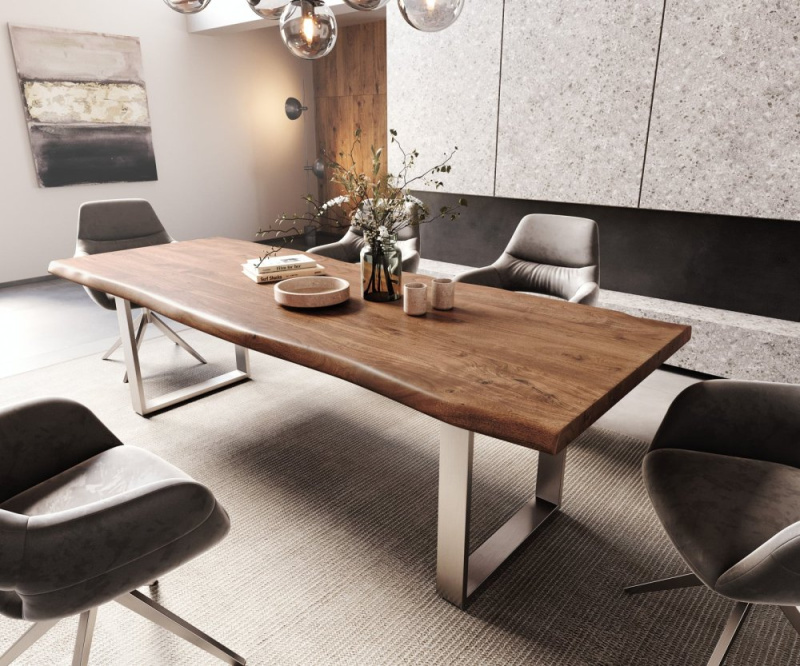 Jídelní stůl Edge 260x100 XL akácie hnědá nerezová ocel úzký Live-Edge