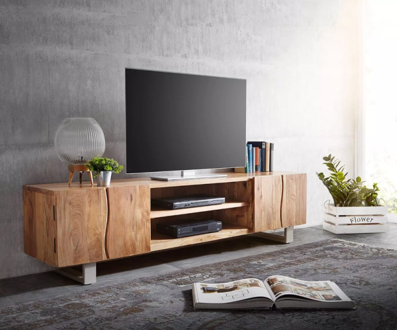 TV stolek Live Edge 200 cm přírodní akácie 4 dvířka 2 přihrádky