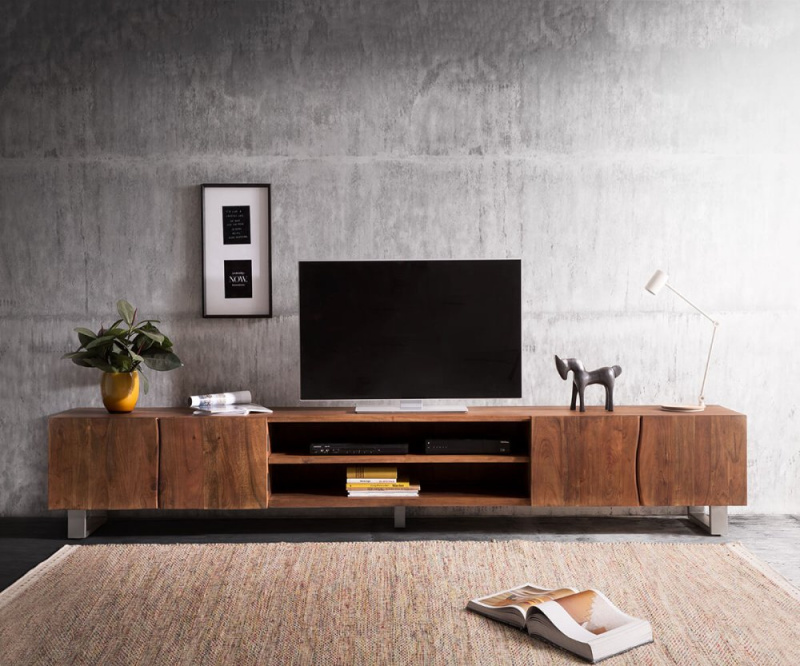 TV stolek Live-Edge 300 cm akácie hnědá 4 dvířka 2 přihrádky