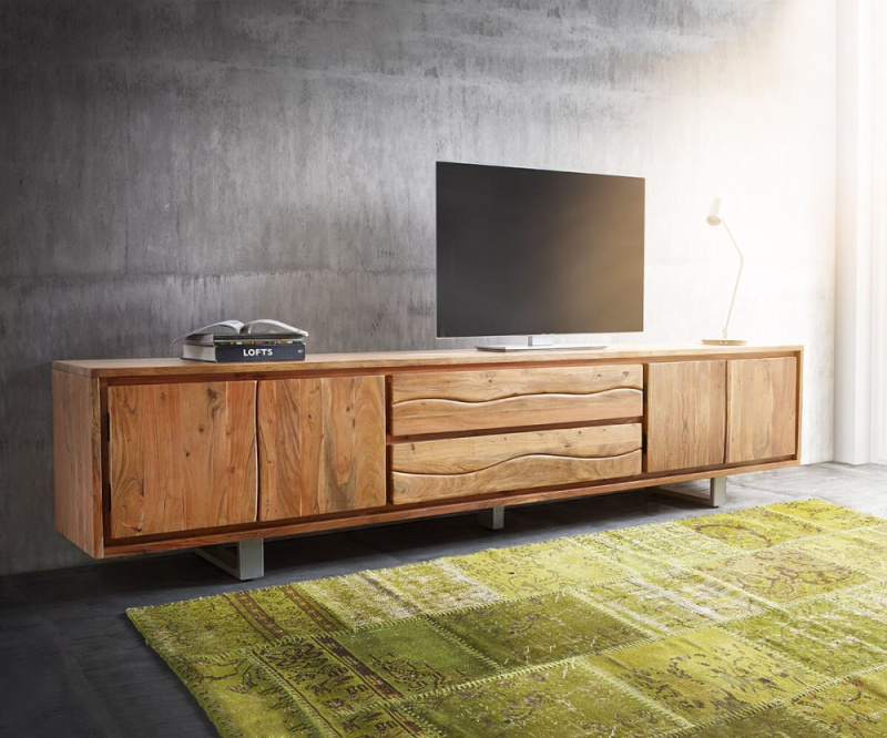 TV stolek Live Edge 300 cm akácie přírodní 4 dvířka 2 zásuvky