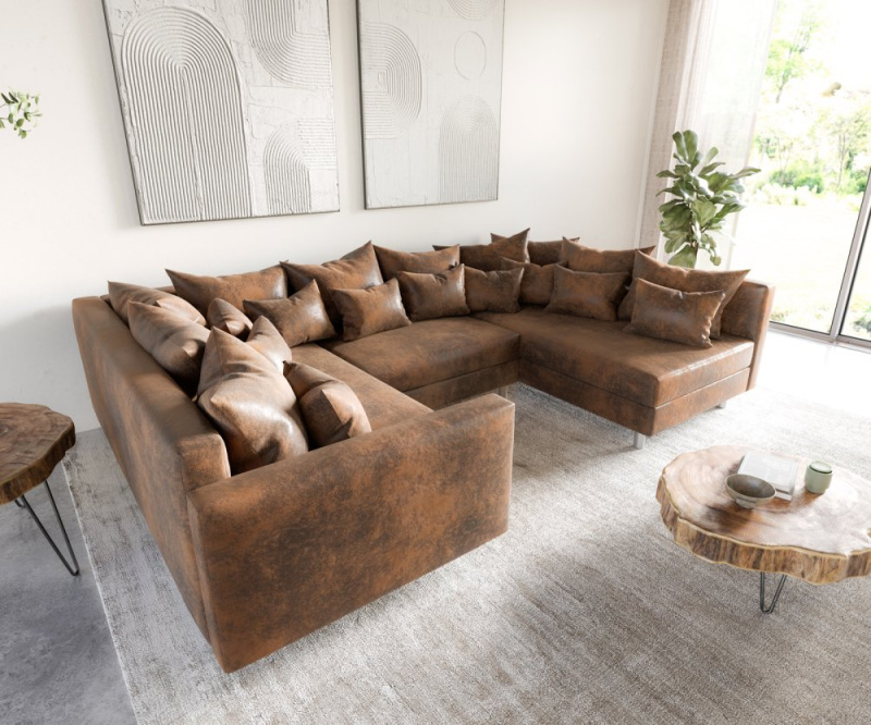 Pohovka ve tvaru "U" Clovis hnědá vintage vzhled modulární područka