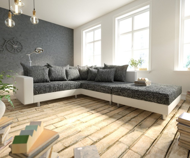 Rohová pohovka Clovis bílá černá taburet Područka lenoška pravá