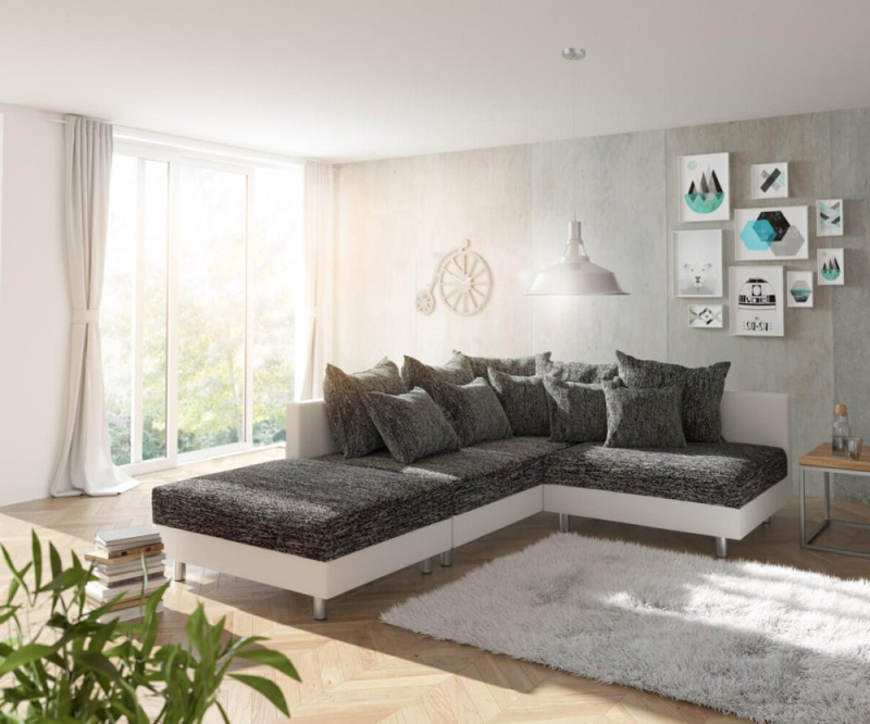 Rohová pohovka Clovis bílá černá s taburetem lenoška levá