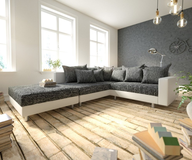 Rohová pohovka Clovis bílá černá modulární taburet s područkami