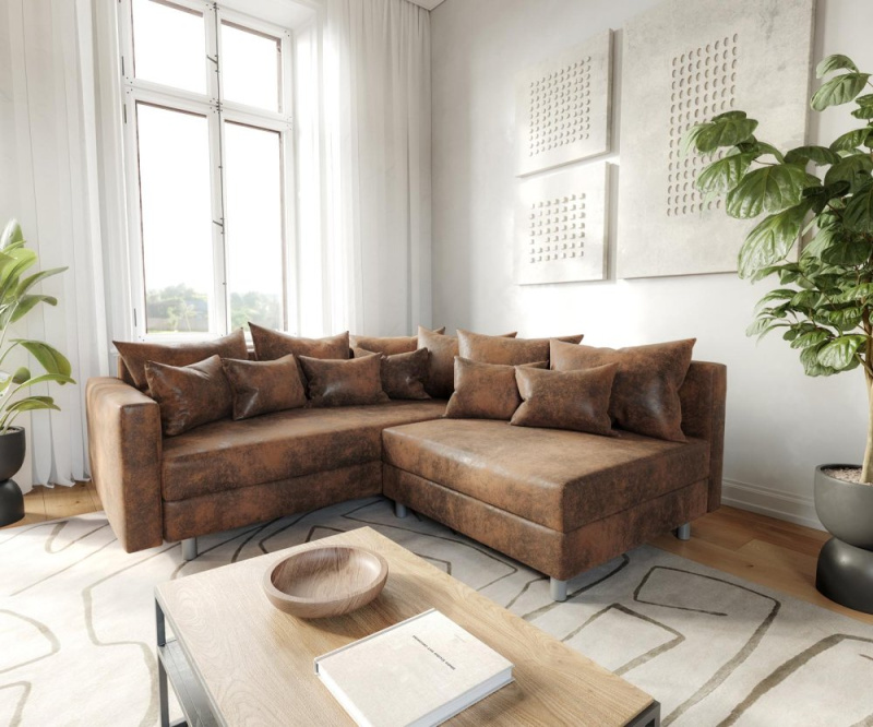 Rohová pohovka Clovis hnědá antik vzhled modulární područka lenoška