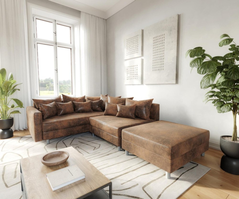 Rohová pohovka Clovis hnědá antik vzhled modul taburet područka