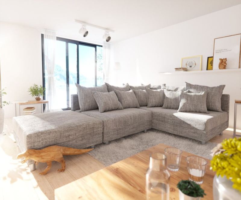 Rohová pohovka Clovis světle šedá strukturovaná tkanina taburet