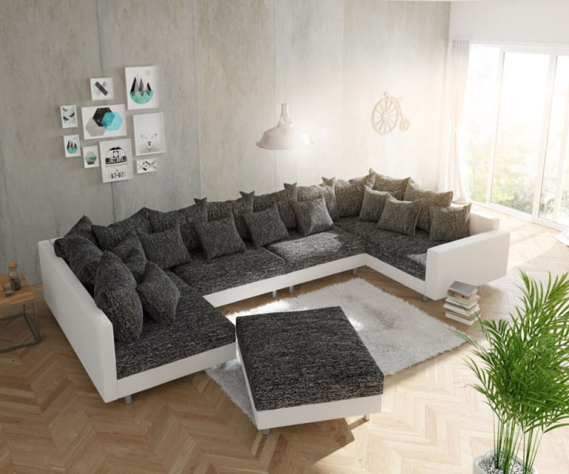 Pohovka ve tvaru "U" Clovis XL bílá černá taburet s područkou