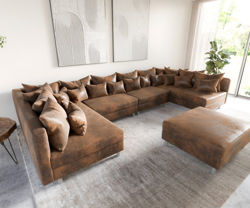 Pohovka ve tvaru "U" Clovis XL hnědá modulární taburet vintage