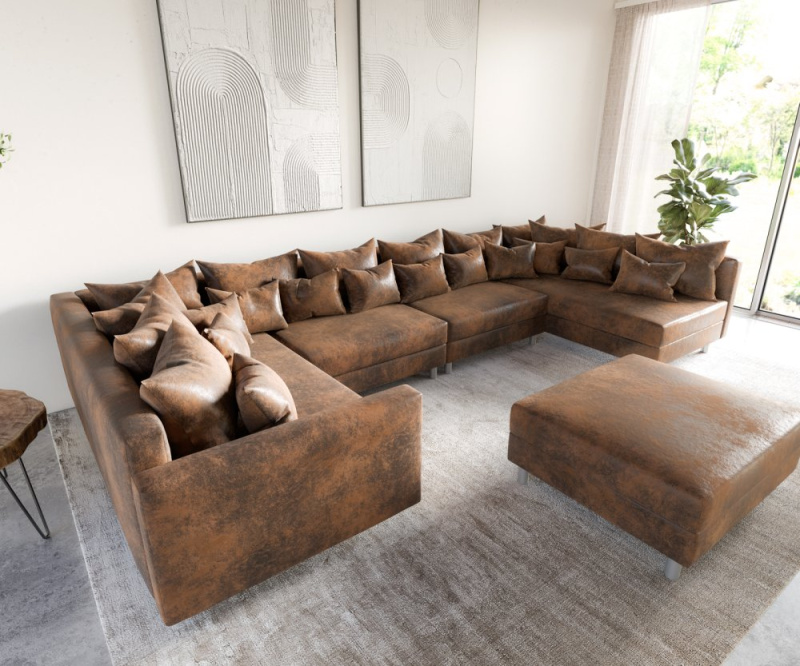 Pohovka ve tvaru "U" Clovis XL modulární hnědá vintage taburet