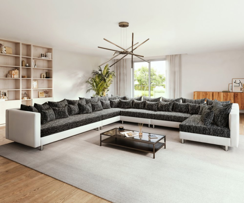 Pohovka ve tvaru "U" Clovis XXL bílá černá lenoška levá