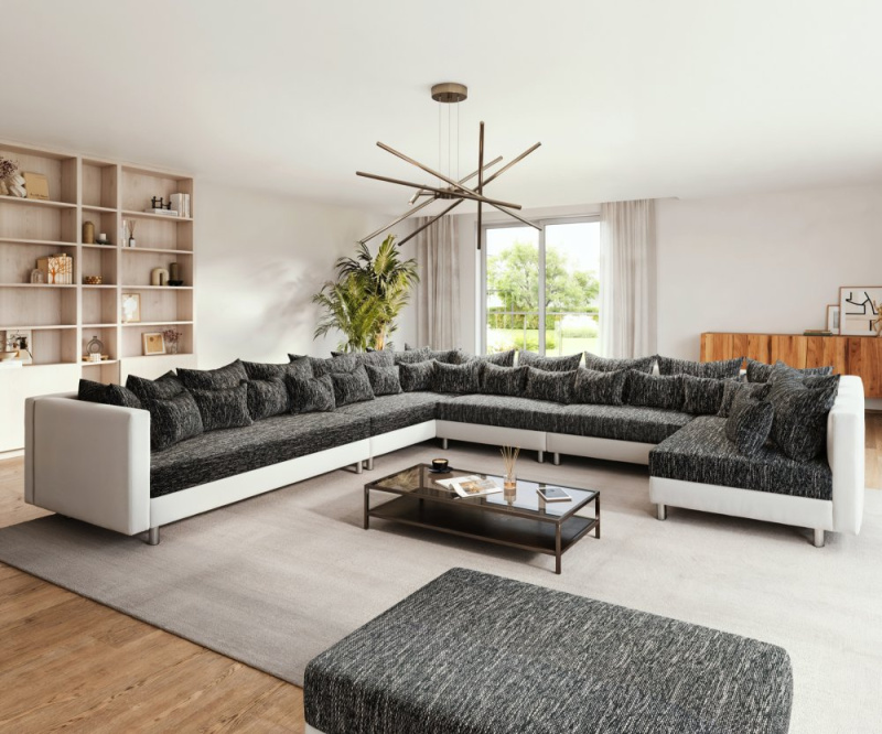 Pohovka ve tvaru "U" Clovis XXL bílá černá s taburetem lenoška levá