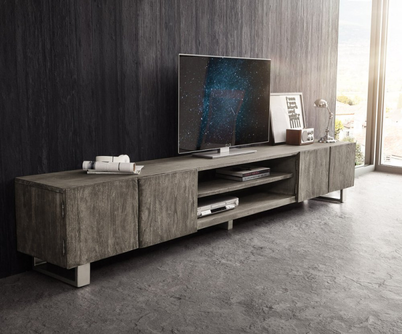 TV stolek Live Edge 300 cm akácie platina 4 dvířka 2 přihrádky