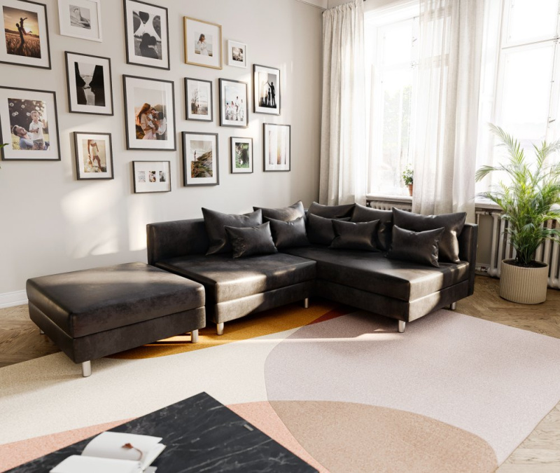 Rohová pohovka Clovis antracitová vintage modulární stoličky lenoška