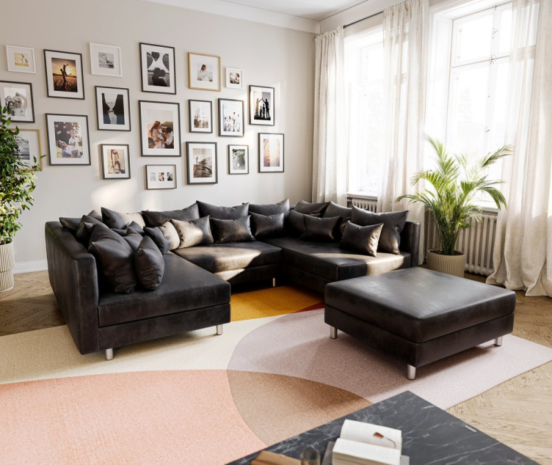 Pohovka ve tvaru "U" Clovis antracitová modulární taburet vintage