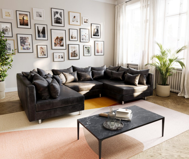 Pohovka ve tvaru "U" Clovis antracitová modulární vintage