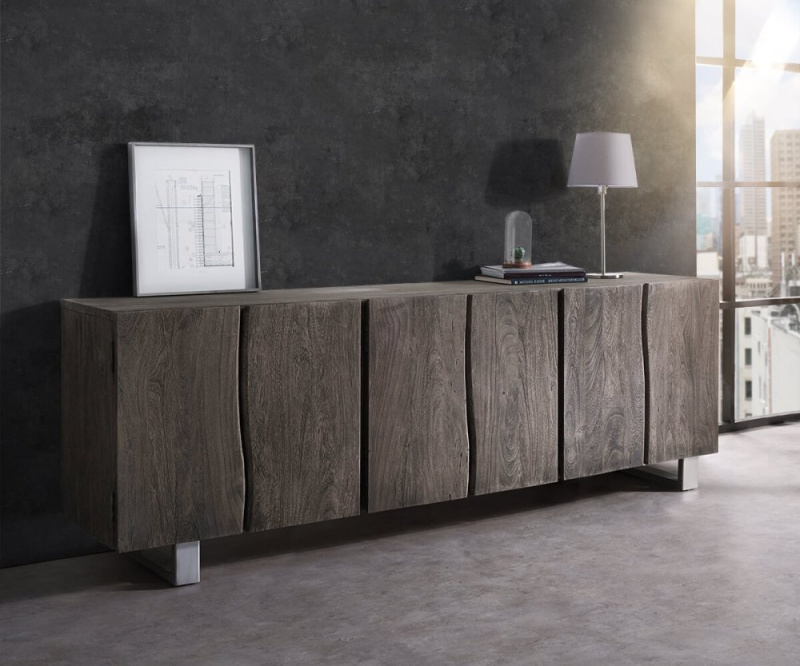 Komoda Live Edge 220 cm akácie masiv platina 6 dvířek