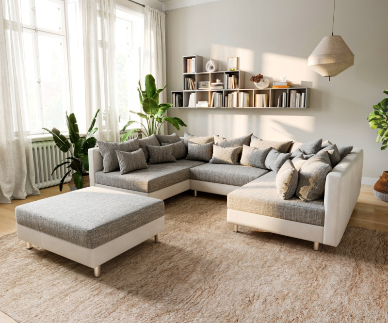 Pohovka ve tvaru "U" Clovis bílá světle šedá modulární rozkládací