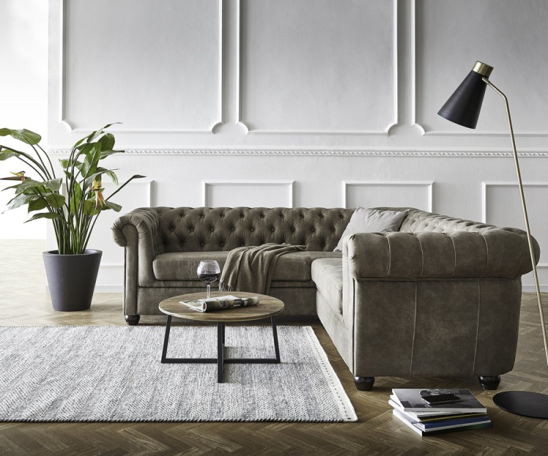 Rohová pohovka Chesterfield 209x200 cm šedá prošívaná