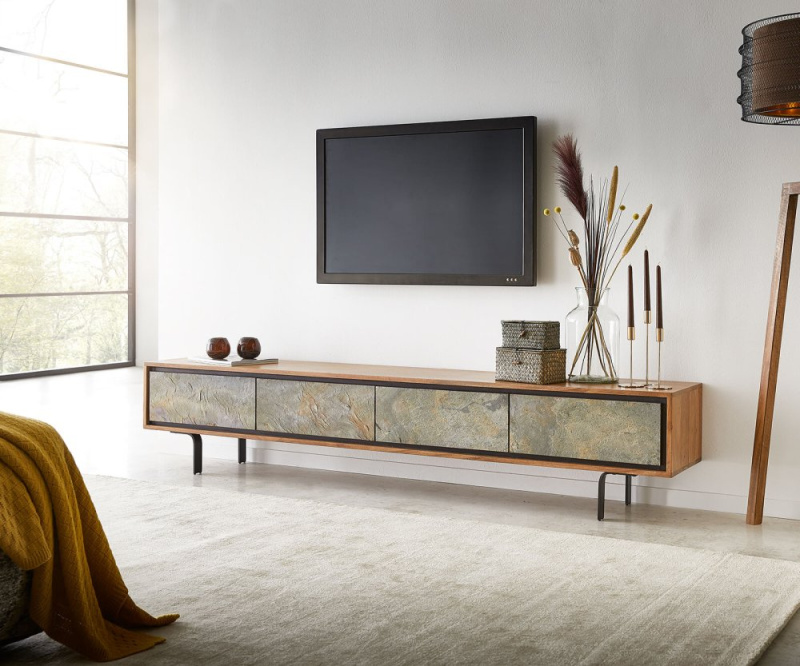 TV stolek Juwelo 200 cm přírodní akácie s kamennou dýhou 4 dvířka