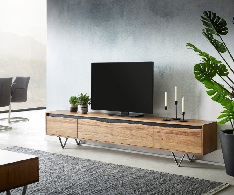 TV stolek Stonegrace 220x35 cm akácie přírodní 4 dvířka nepravidelná