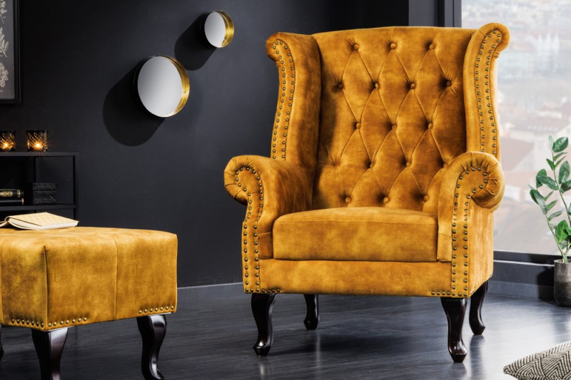 INVICTA INTERIOR Křeslo ušák Chesterfield hořčicová žlutá