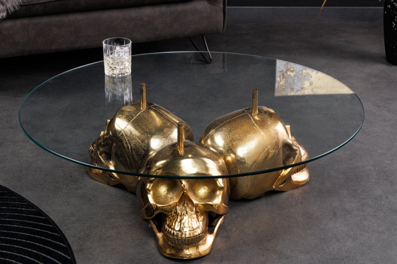 INVICTA INTERIOR Designový konferenční stolek MEMENTO Gold Skull 90cm zlatý