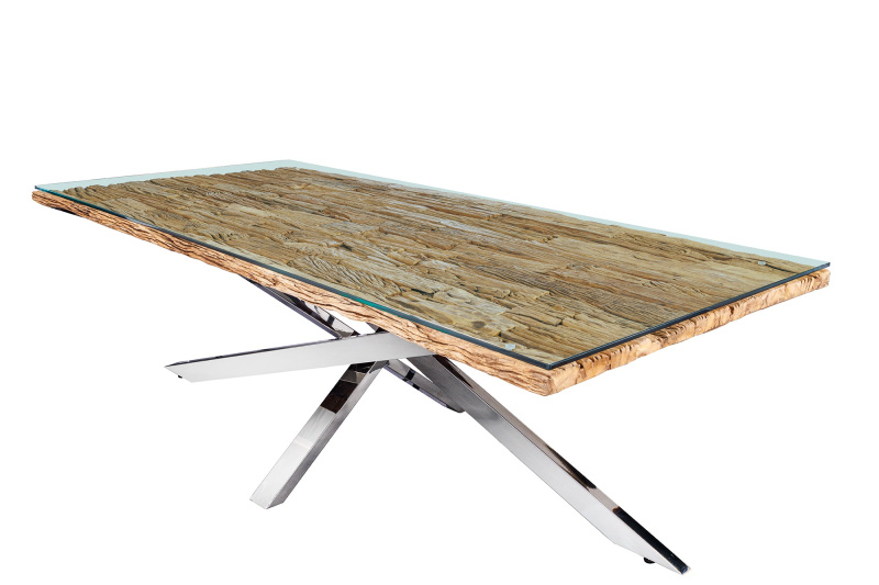 Jídelní stůl BARRACUDA 220cm 40mm teakové dřevo s deskou z tvrzeného skla