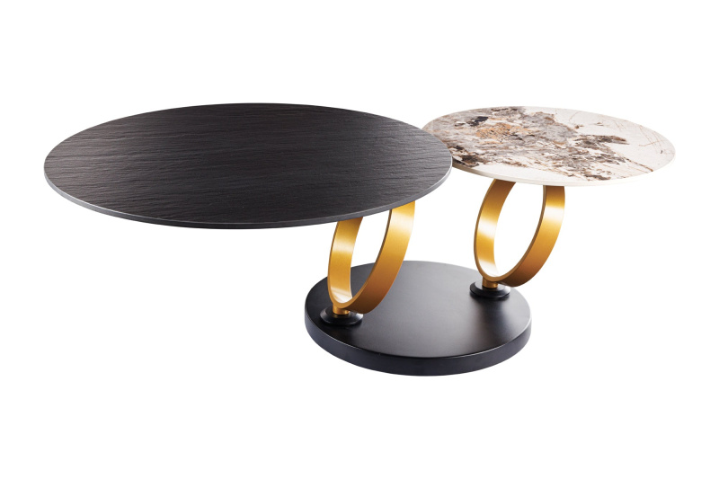 INVICTA INTERIOR Konferenční stolek DANCING RINGS GOLD – keramika a kov / černý, přírodní / 80–134 cm