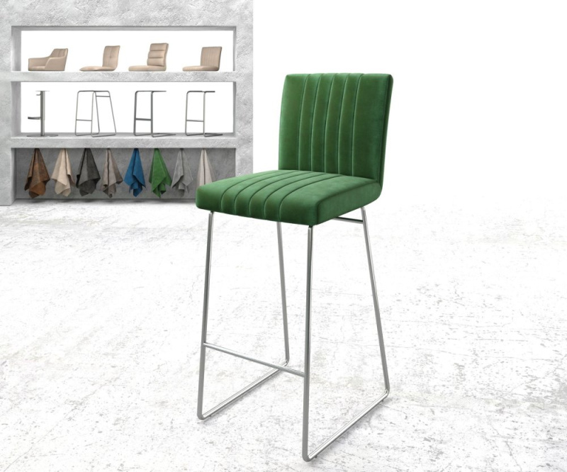 Barová stolička Luiga-Flex Velvet Green Skid Frame z nerezové oceli