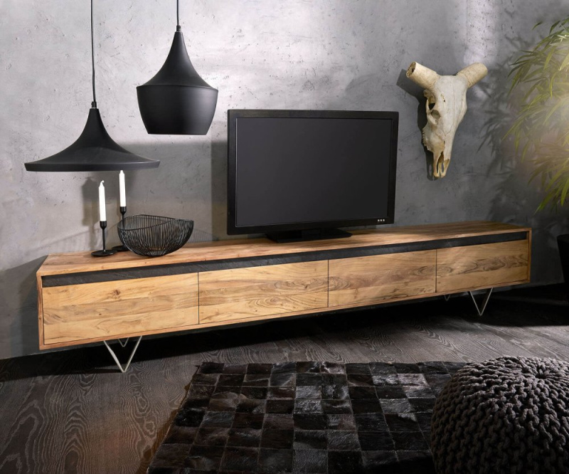 TV stolek Stonegrace 240 cm akácie přírodní břidlice 4 dvířka