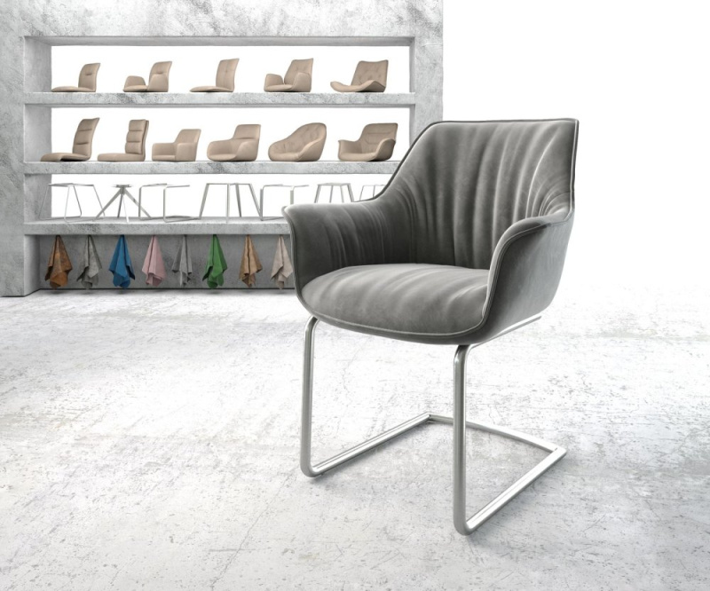 Jídelní židle Keila-Flex s područkami samet šedá konzolová podnož