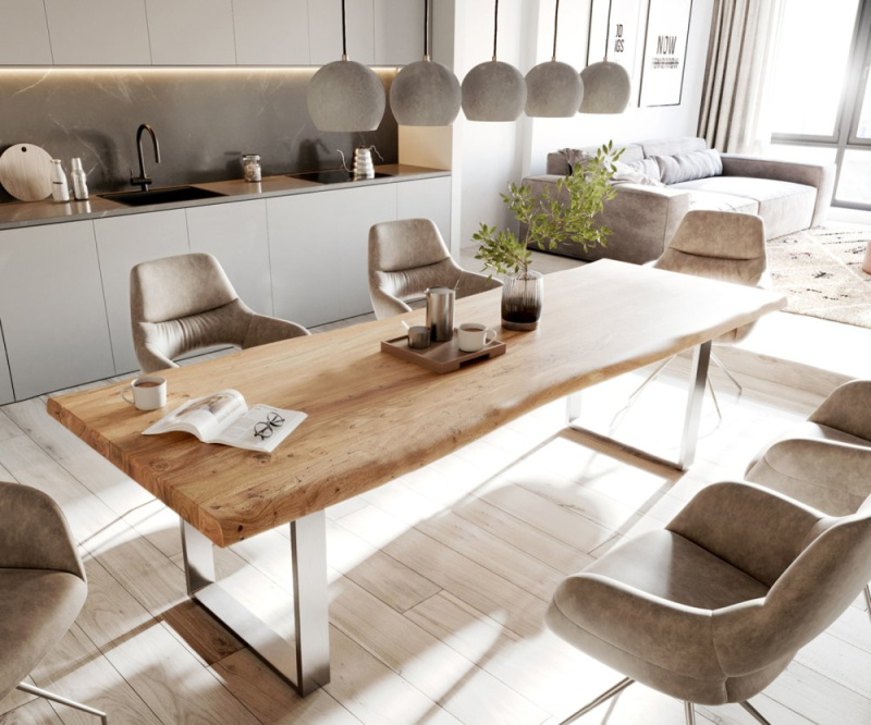 Jídelní stůl Edge 280x100 cm XL akácie přírodní nerezová ocel úzký