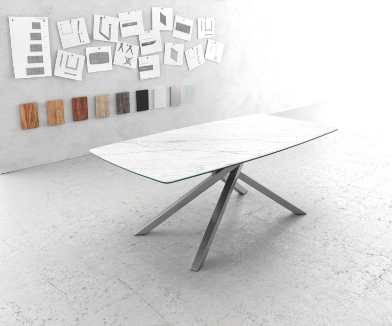 Jídelní stůl Edge zaoblená 200x100cm Laminam® keramika bílá podnož