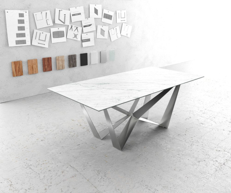 Jídelní stůl Edge 200x100cm Laminam® keramika bílá podnož plochá ocel