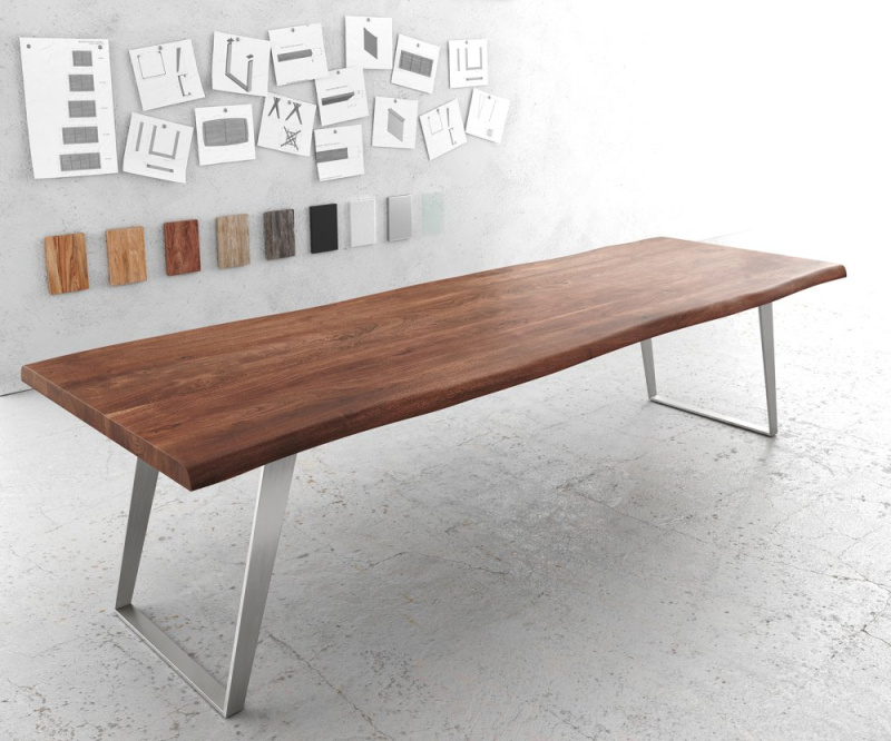 Jídelní stůl Edge 300x100 cm XL akácie hnědá nerezová ocel stříbrná