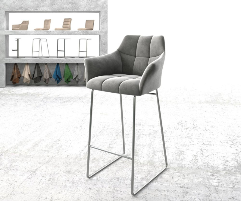 Barová židle Yulo-Flex samet šedá tenká podnož nerezová ocel