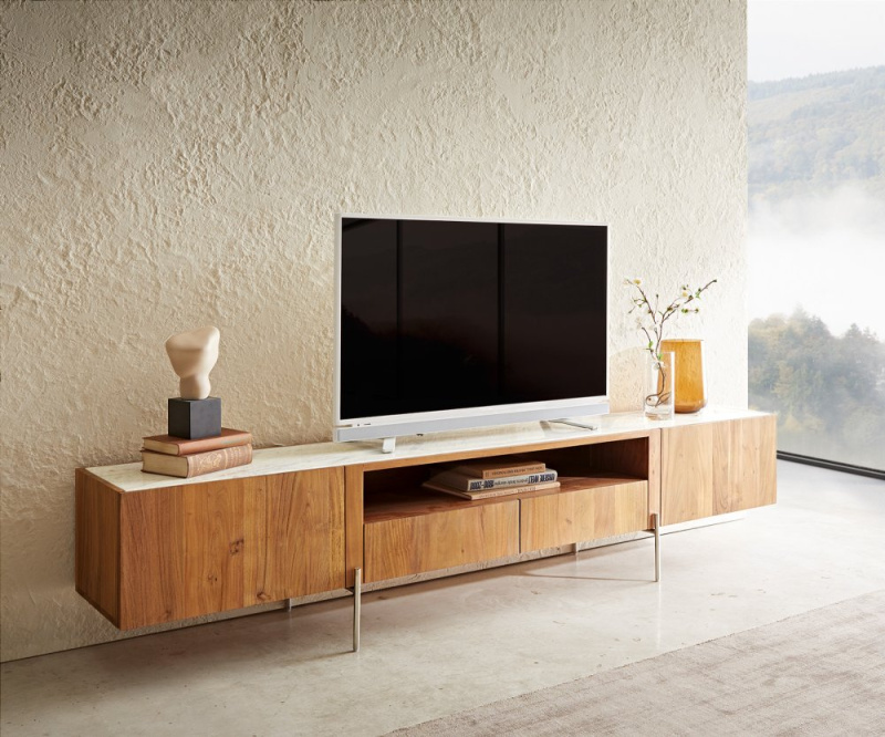 TV stolek Secara 220 cm akácie přírodní 2 dvířka 2 zásuvky mramorové
