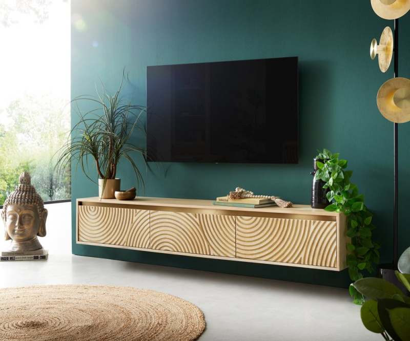 TV stolek Budaya mango přírodní 175 cm 3 dvířka závěsné