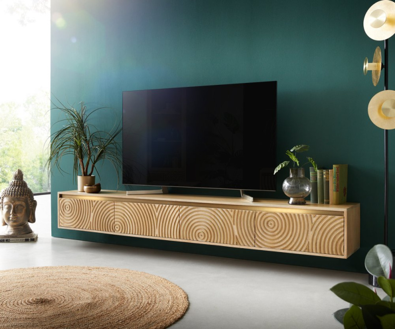 TV stolek Budaya mango přírodní 220 cm 4 dvířka závěsné