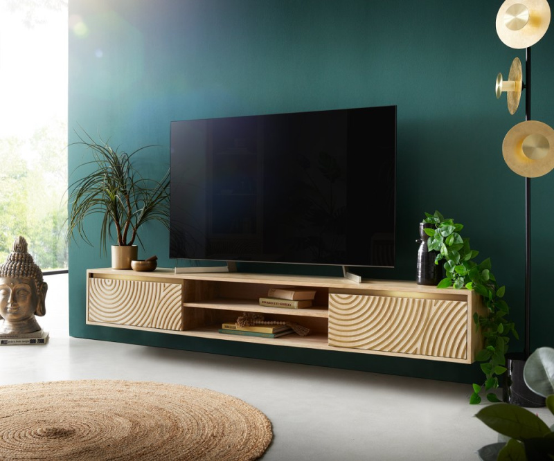 TV stolek Budaya mango přírodní 200 cm 2 dvířka 2 přihrádky závěsné