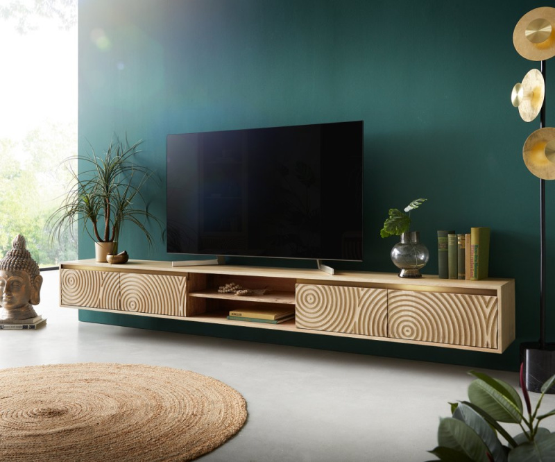 TV stolek Budaya mango přírodní 260 cm 4 dvířka 2 přihrádky závěsné