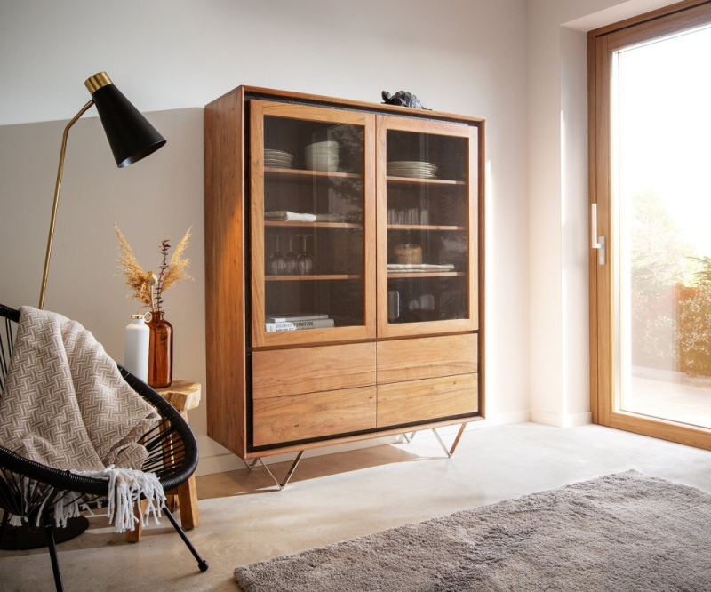 Vitrína Stonegrace 115x150 přírodní akácie 2 dvířka 4 zásuvky kamenná