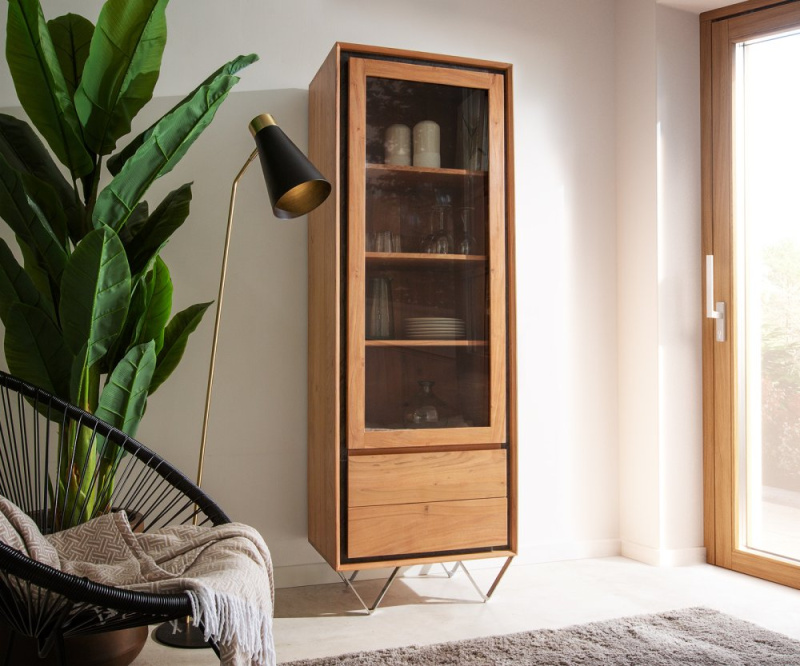 Vitrína Stonegrace 55x180 přírodní akácie 1 dvířka 2 zásuvky kamenná