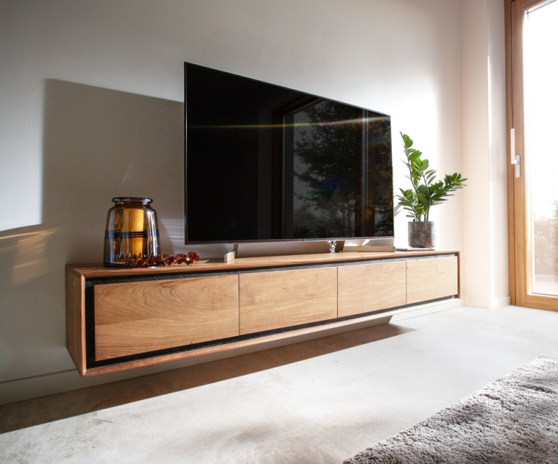 TV stolek Stonegrace 200 cm akácie přírodní 4 dvířka kamenná dýha