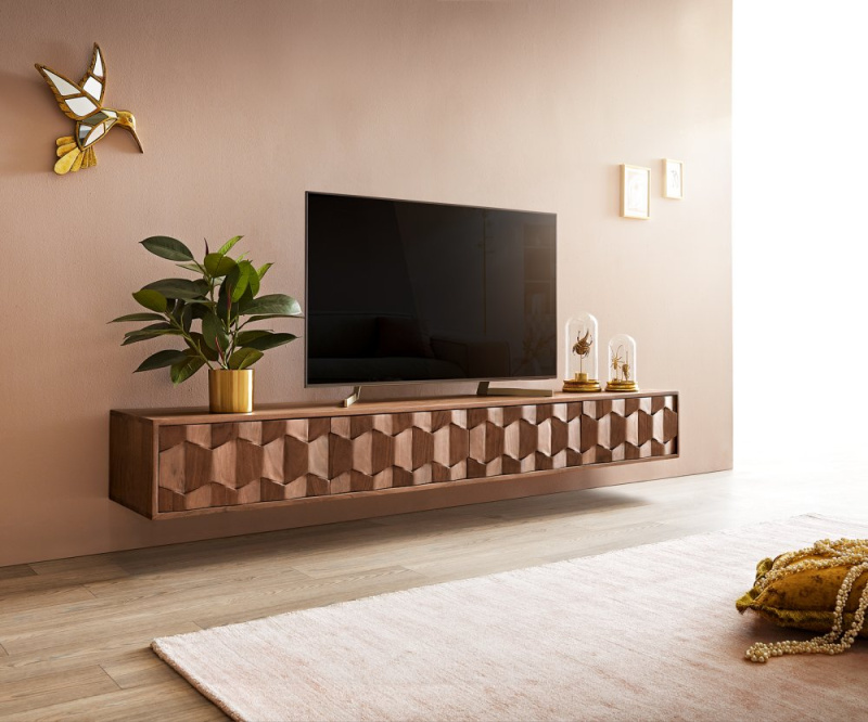 TV stolek Fevo 200 cm akácie hnědá 4 dvířka závěsné