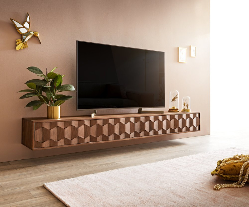 TV stolek Fevo 220 cm akácie hnědá 4 dvířka závěsné