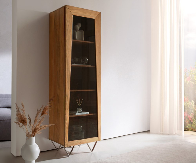 Skříň Kayu 55x180 cm přírodní akácie vitrína 1 dvířka podnož ve tvaru