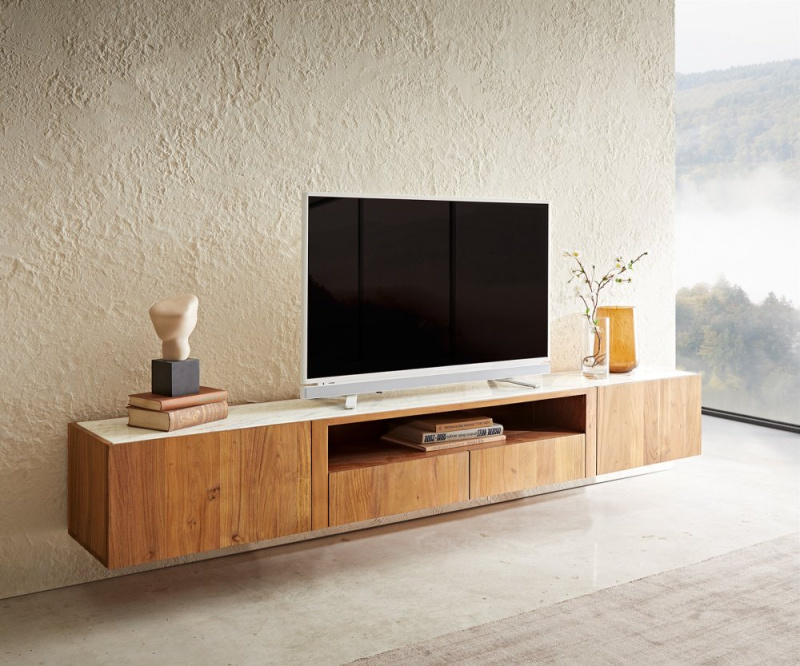 TV stolek Secara 220 cm akácie přírodní 2 dvířka 2 zásuvky mramor