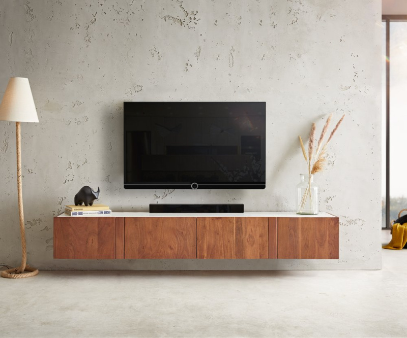 TV stolek Secara 200 cm akácie hnědá 4 dvířka mramor závěsné